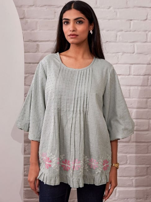 Autumnlane Green Konkana Fern Cotton Embroidery Top