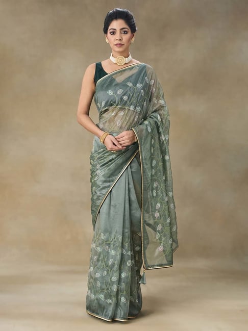 FABMORA Green Embroidered Saree With Blouse-picture-14