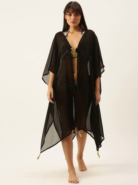 Secrets By ZeroKaata Black Printed Swimwear Bra Panty Set With Shrug