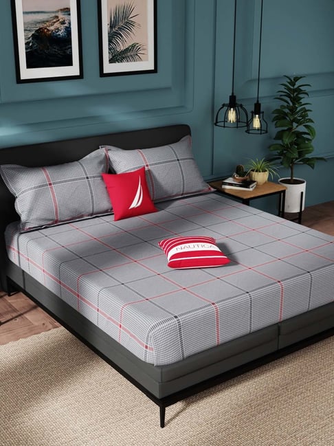 Nautica Northsail Steel Grey 150 TC Cotton King Bedsheet with 2 Pillow Covers-picture-22