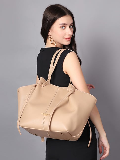 Carlton London Beige Solid Medium Tote Handbag