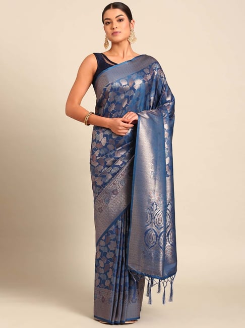 Mohey Blue Silk Zari Work Saree with Unstitched Blouse-picture-36
