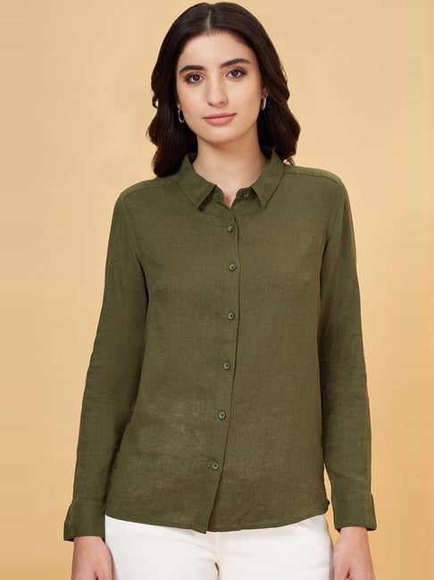 Annabelle by Pantaloons Forest Green Linen Shirt-picture-18