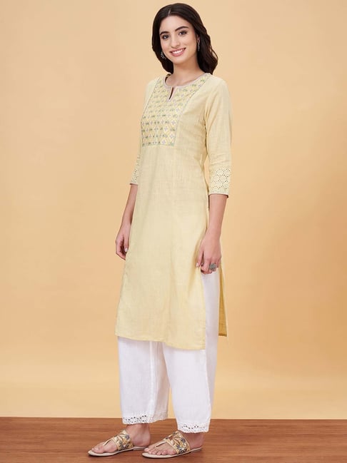 YU by Pantaloons Yellow Cotton Embroidered Straight Kurta-picture-10