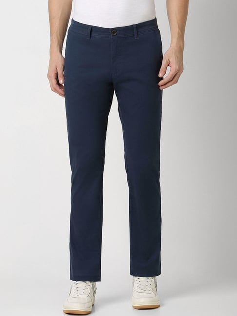 Buy Men Blue Solid Slim Fit Casual Trousers for Mens Online Tata