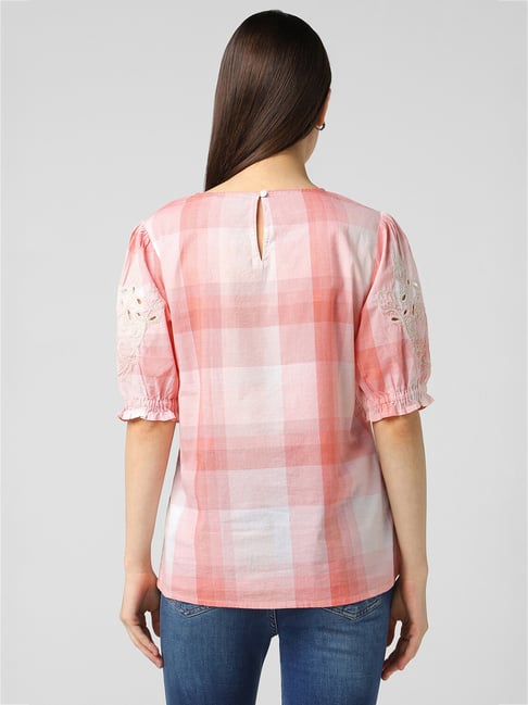 Buy Van Heusen Peach Cotton Checks Top for Women Online Tata CLiQ