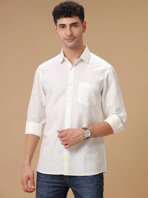 Linen Club Yellow Linen Contemporary Fit Texture Shirt