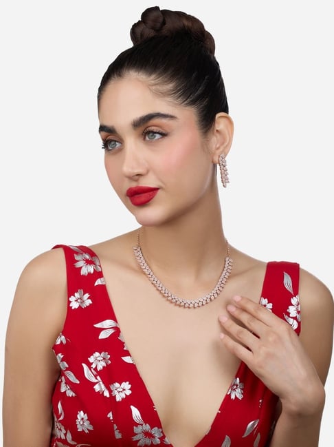 Zaveri Pearls Rose Gold Tone Contemporary Cubic Zirconia Bling Necklace & Earring Set-ZPFK17800-picture-13