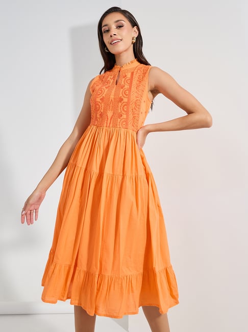 Styli Orange Embroidered Midi Dress