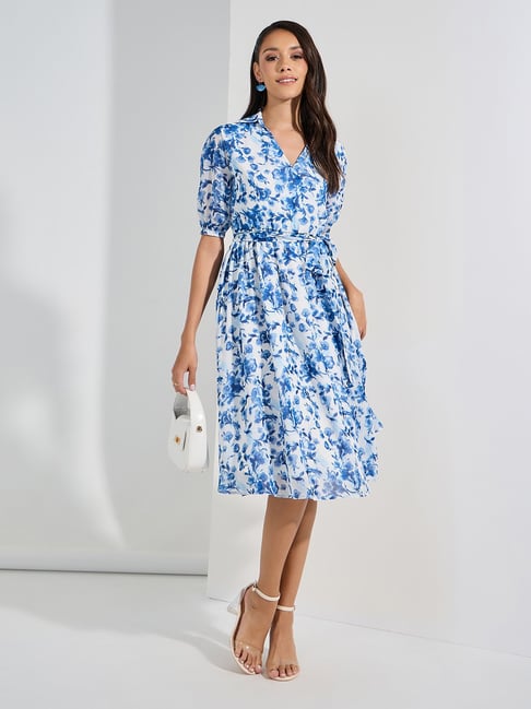 Styli Blue White Floral Print Midi Dress