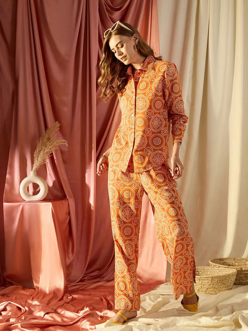 KASSUALLY Orange Printed Shirt With Pants