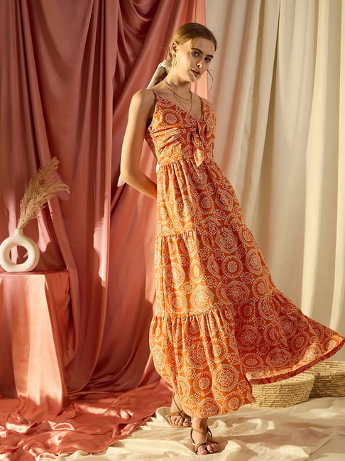 KASSUALLY Orange Printed Tiered Maxi Dress