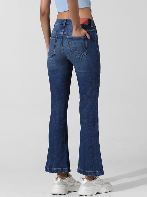 Only Dark Blue Cotton Flared Fit High Rise Bootcut Jeans - Main Image