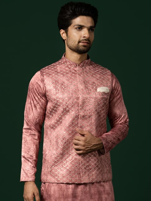 Kisah Pink Satin Regular Fit Embroidered Nehru Jacket