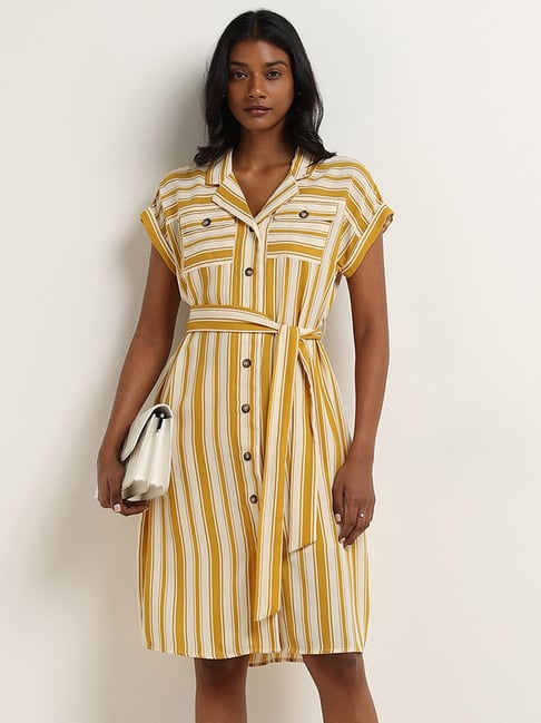 Wardrobe by Westside Yellow Striped Design Shirt Dress with Belt