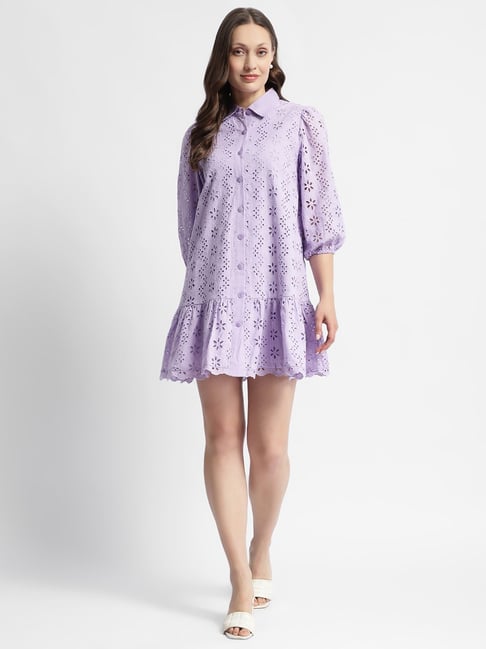 MADAME Lilac Cotton Self Design Shirt Dress