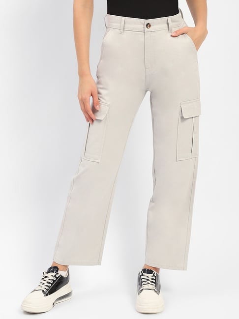 MADAME Grey Cotton Relaxed Fit Mid Rise Cargo Pants-picture-45