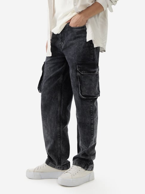 The Souled Store Black Straight Fit Cargo Jeans
