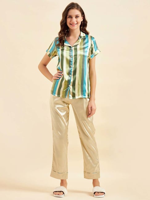 Sweet Dreams Green & Beige Stripes Shirt Pyjamas Set-image-26
