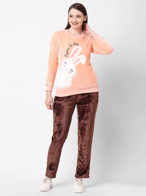 Sweet Dreams Peach & Brown Self Pattern Sweatshirt Pyjamas Set-picture-43