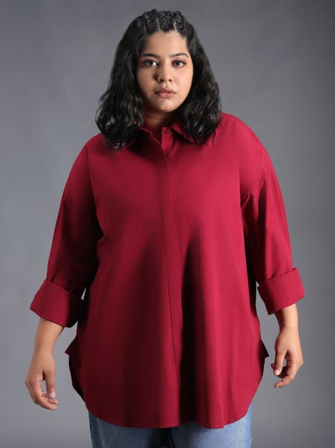 High Star Red Cotton Regular Fit Oversized Shirt