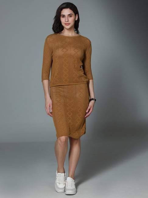High Star Khaki Cotton Self Design Top With Skirt