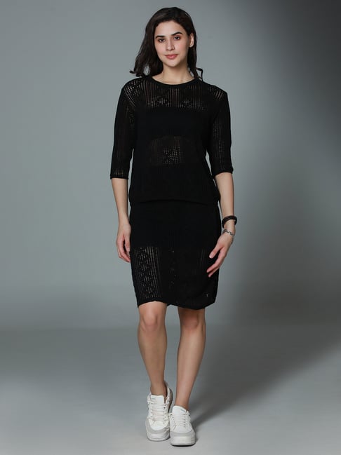 High Star Black Cotton Self Design Top With Skirt