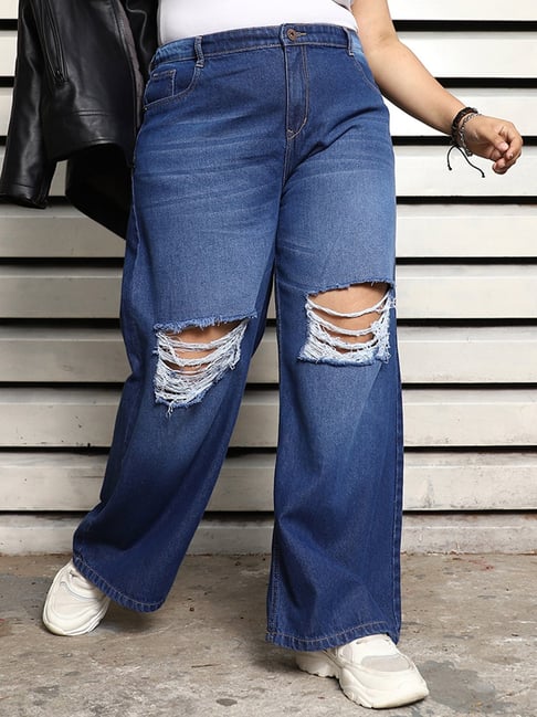 High Star Blue Cotton Distressed Jeans