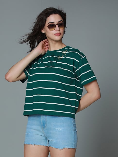 High Star Green Cotton Stripes T-Shirt