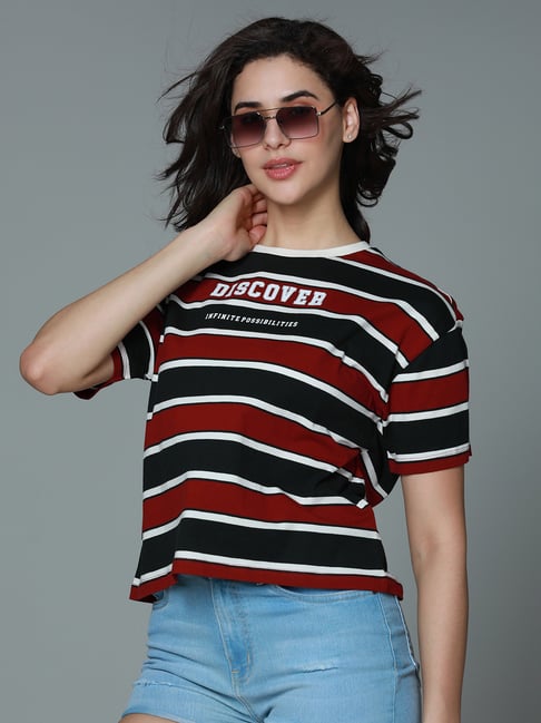 High Star Red & Black Cotton Stripes T-Shirt