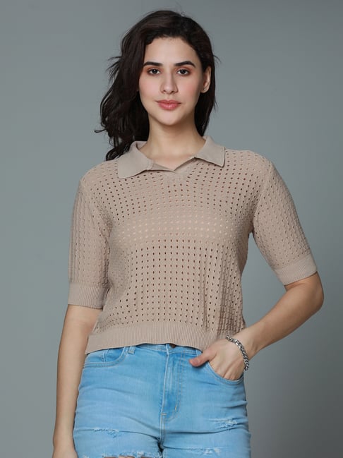 High Star Brown Cotton Self Design Top