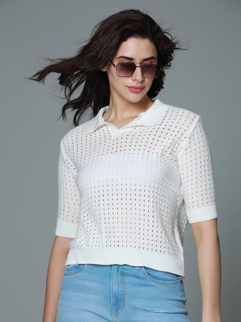 High Star White Cotton Self Design Top