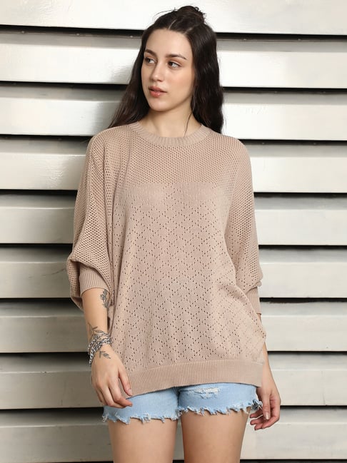 High Star Brown Cotton Self Design Top