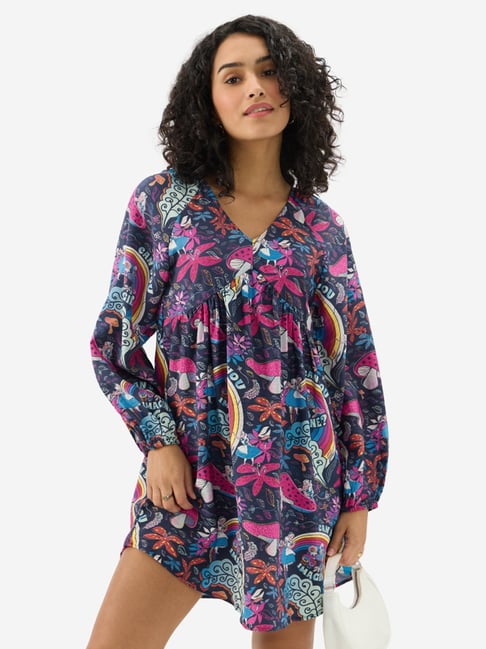 The Souled Store Navy & Pink Printed A Line Dress-picture-46