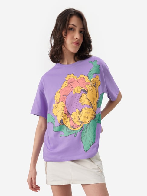 The Souled Store Lavender Cotton Floral Print Oversized T-Shirt