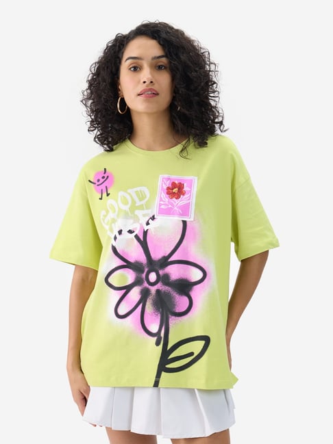 The Souled Store Lime Green Cotton Graphic Print Oversized T-Shirt