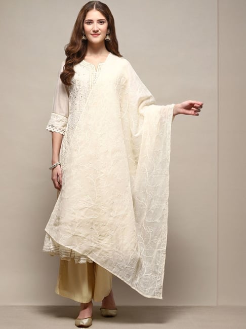 Biba White Cotton Embroidered Dupatta