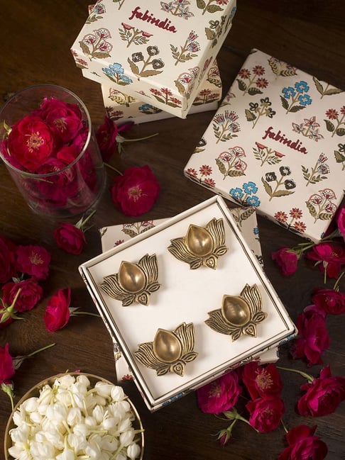 Fabindia Home Mivaan Gold Metal Lotus Diyas - Set of 4-image-42