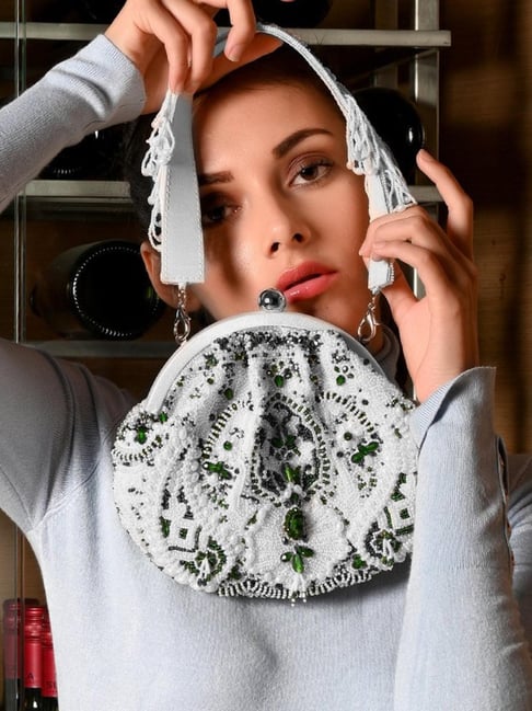 Odette White & Green Embellished Handbag-picture-26