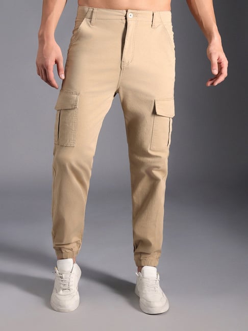 High Star Khaki Cotton Regular Fit Mid-Rise Trousers