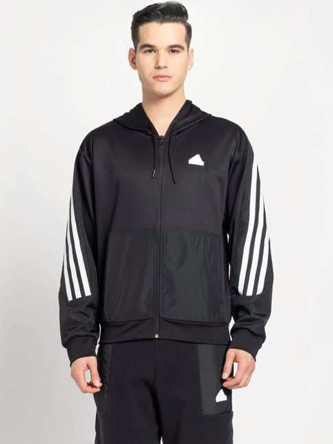 Adidas Black Loose Fit Striped Sports Hoodi-image-34