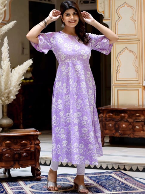 Miravan Purple Cotton Flared Floral Print Kurta-picture-44