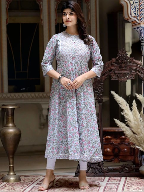 Miravan Blue Cotton Flared Floral Print Kurta-picture-31