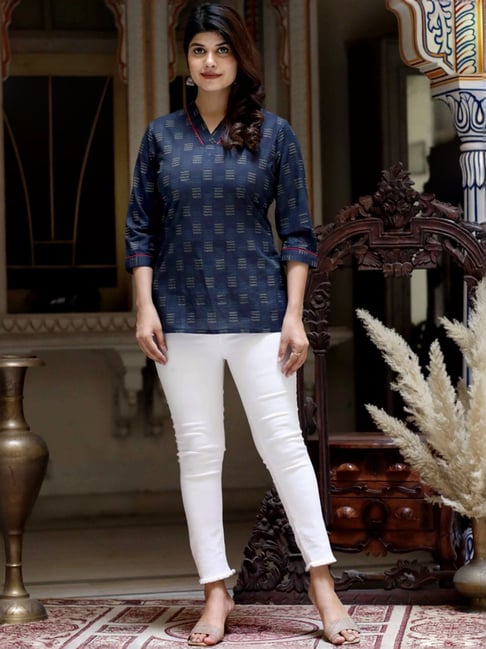 Miravan Blue Cotton Straight Printed Kurti-picture-17