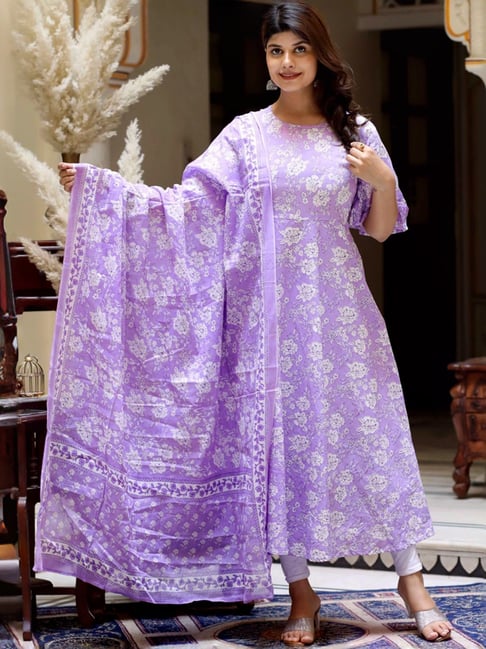 Miravan Purple Cotton Flared Floral Print Kurta With Dupatta-picture-10