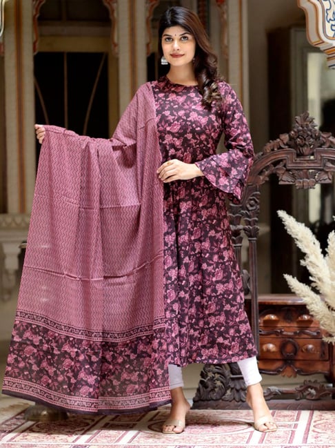 Miravan Purple Cotton Flared Floral Print Kurta With Dupatta-picture-14