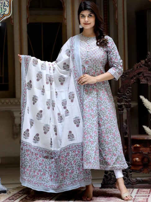 Miravan Blue Cotton Flared Floral Print Kurta With Dupatta-picture-33
