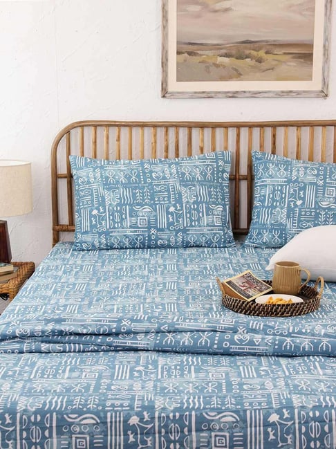 House This Gamathi Light Blue 150 TC Cotton Fitted Bedsheet with Pillow  Covers - Main Image