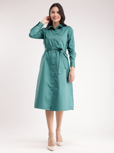 Fablestreet Teal Cotton Relaxed Fit Shirt Dress