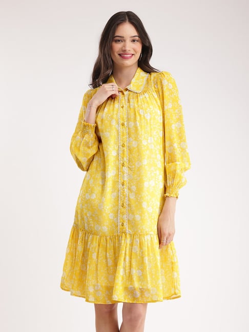 Fablestreet Yellow White Floral Print Shirt Dress
